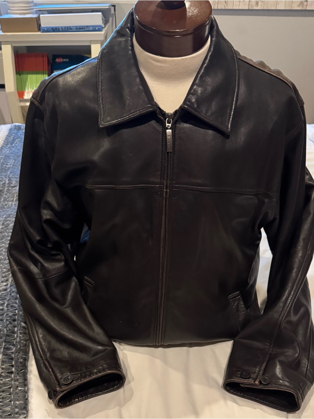 Claiborne Dark Brown Leather Zip Bomber Jacket